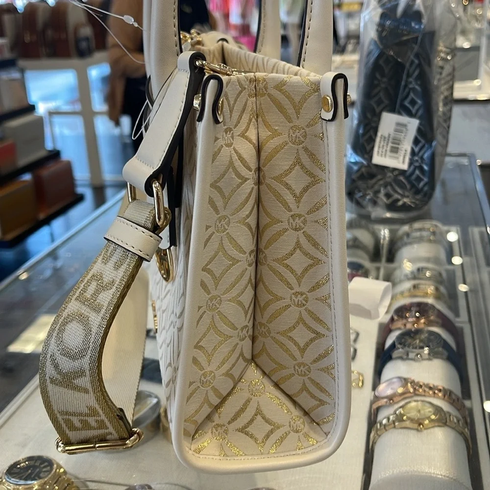 Michael Kors Mirella Small Metallic Logo Jacquard Crossbody Bag Light Cream  NWT